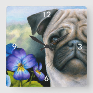 Reloj Cuadrado Perro 133 Flor azul púrpura Pug