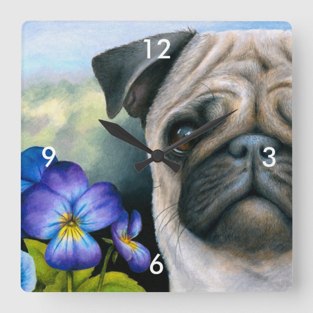 Reloj Cuadrado Perro 133 Flor azul púrpura Pug (Anverso)