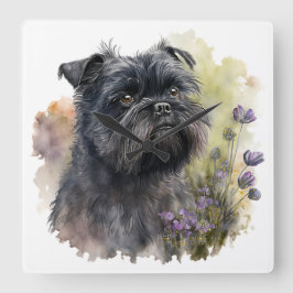 RELOJ CUADRADO PERRO ADORABLE NEGRO AFFENPINSCHER CON FLORES