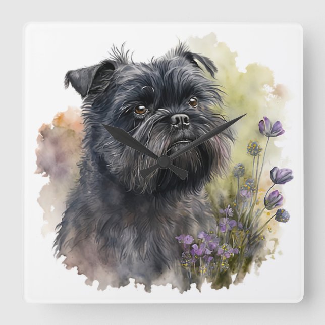 RELOJ CUADRADO PERRO ADORABLE NEGRO AFFENPINSCHER CON FLORES (Anverso)