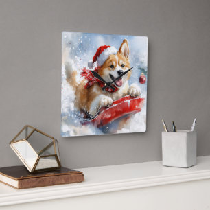 Reloj Cuadrado Perro Akita en Trineo Deja que Nieve Navidad
