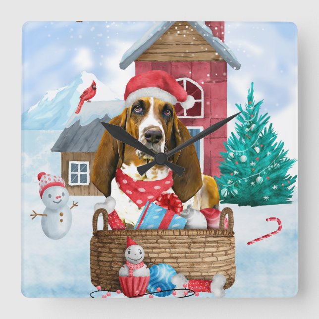 Reloj Cuadrado Perro atormentado en la nieve Navidad Casa de perr (Anverso)
