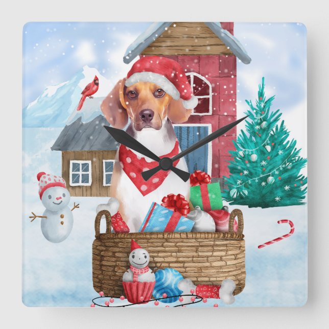 Reloj Cuadrado Perro Beagle en casa de Navidad con nieve (Anverso)