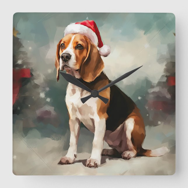Reloj Cuadrado Perro Beagle en Navidad con Nieve (Anverso)