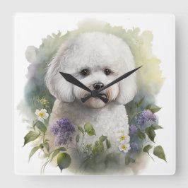 RELOJ CUADRADO PERRO BICHON FRISE ADORABLE BLANCO CON FLORES