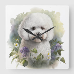 RELOJ CUADRADO PERRO BICHON FRISE ADORABLE BLANCO CON FLORES