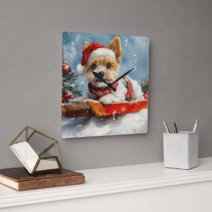 Reloj Cuadrado Perro Biewer Terrier en Trineo Deja que Nieve Navi