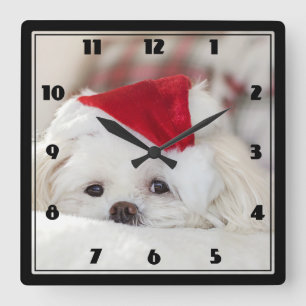 Reloj Cuadrado Perro blanco lindo en un Gorra de Navidades rojos