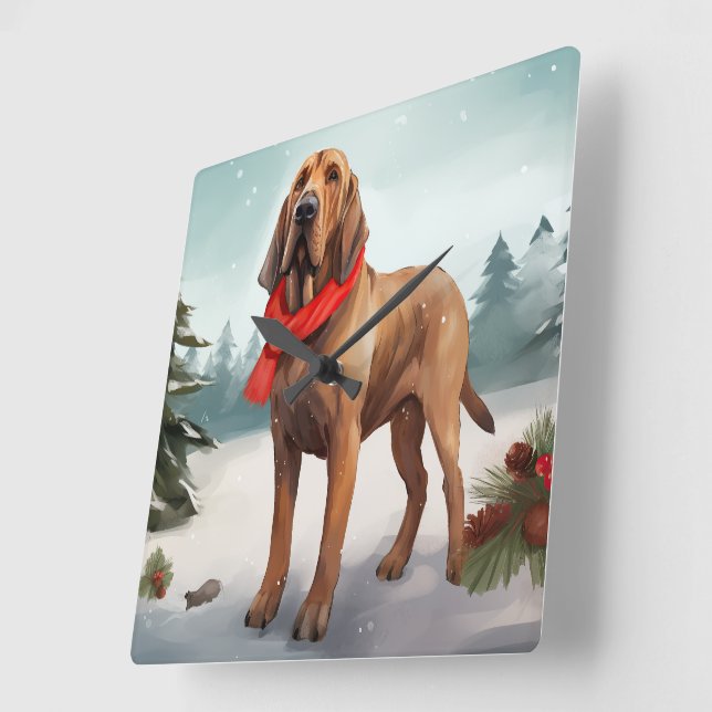 Reloj Cuadrado Perro Bloodhound en Navidad con Nieve (Ángulo)