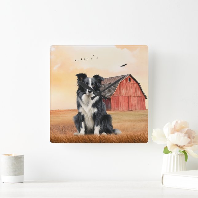 Reloj Cuadrado Perro Border Collie y rancho con granero rojo (Hogar)