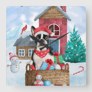 Reloj Cuadrado Perro Boston Terrier en casa de perro de Navidad c