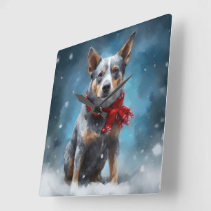 Reloj Cuadrado Perro Boyero Azul en Navidad con Nieve