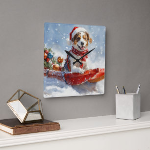 Reloj Cuadrado Perro Brittany Spaniel en Trineo de Navidad