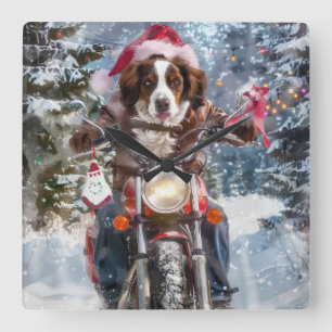 Reloj Cuadrado Perro Brittany Spaniel montando motocicleta Navida