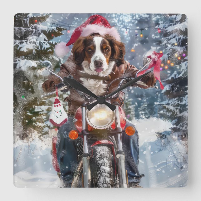 Reloj Cuadrado Perro Brittany Spaniel montando motocicleta Navida (Anverso)