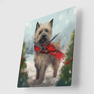 Reloj Cuadrado Perro Cairn Terrier en Navidad con Nieve