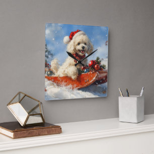 Reloj Cuadrado Perro Caniche en Trineo Deja que Nieve Navidad