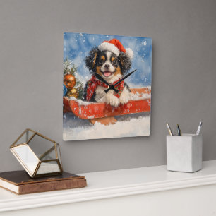Reloj Cuadrado Perro Chin Japonés en Trineo Deja que Nieve Navida