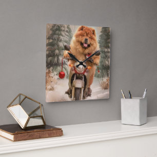 Reloj Cuadrado Perro Chow Chow montando motocicleta en Navidad