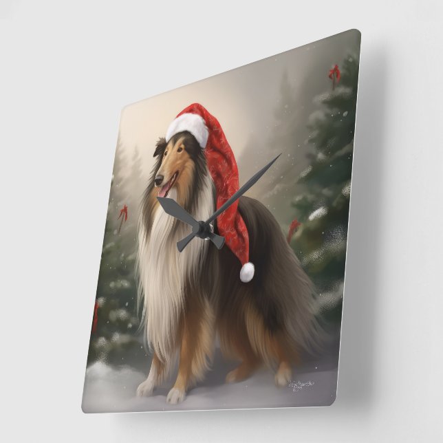 Reloj Cuadrado Perro Collie Áspero en Navidad con Nieve (Ángulo)