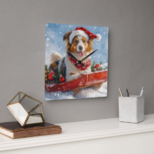 Reloj Cuadrado Perro Collie Áspero en Trineo Deja que Nieve Navid