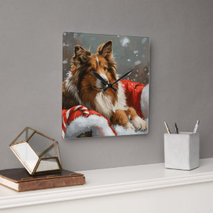 Reloj Cuadrado Perro Collie áspero Navideño Festivo