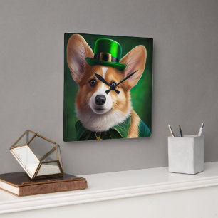 Reloj Cuadrado Perro Corgi con vestido del Día de San Patricio