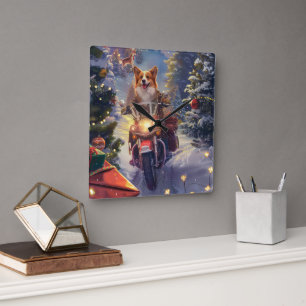 Reloj Cuadrado Perro Corgi Montando Motocicleta Navidad