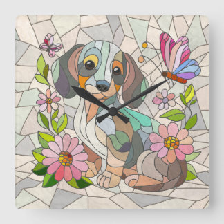 Reloj Cuadrado Perro Dachshund - mosaico doxie-colorido