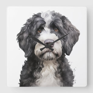 RELOJ CUADRADO PERRO DE AGUA PORTUGÉS CUDO NEGRO Y BLANCO