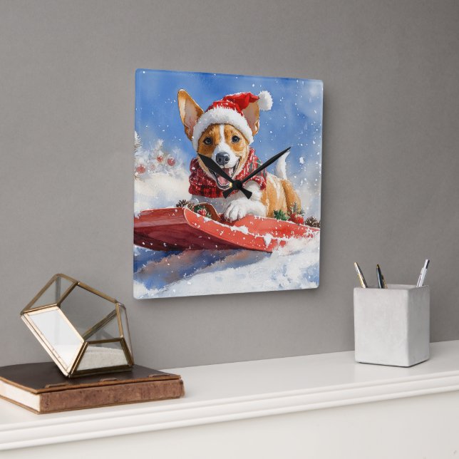 Reloj Cuadrado Perro de Basenji en escabeche Navidades de la niev (Oficina)