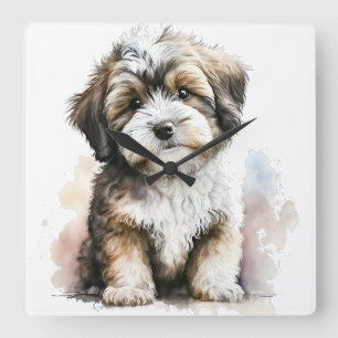 RELOJ CUADRADO PERRO DE CACHORA BLANCA Y MARRÓN ADORABLE