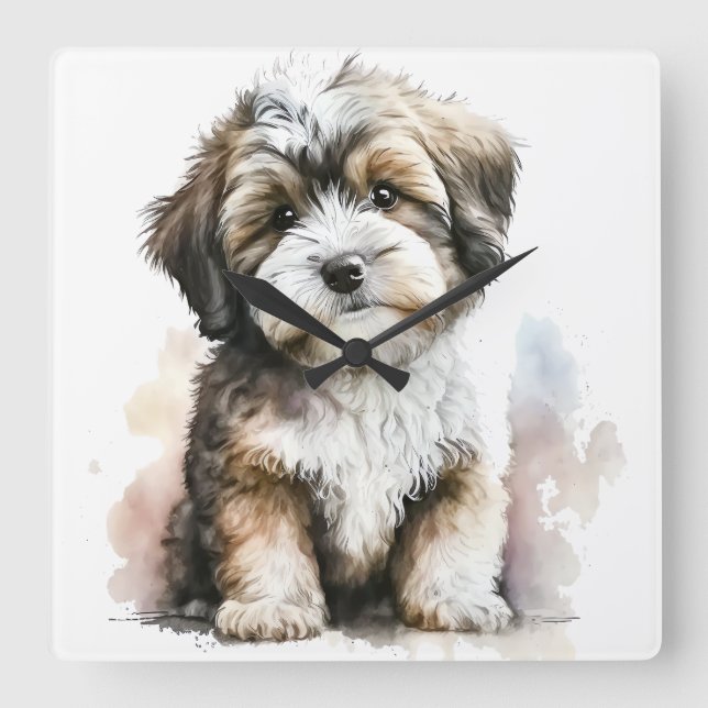 RELOJ CUADRADO PERRO DE CACHORA BLANCA Y MARRÓN ADORABLE (Anverso)