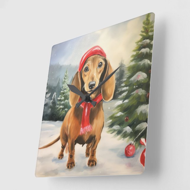 Reloj Cuadrado Perro de Dachshund en Navidades de nieve (Ángulo)