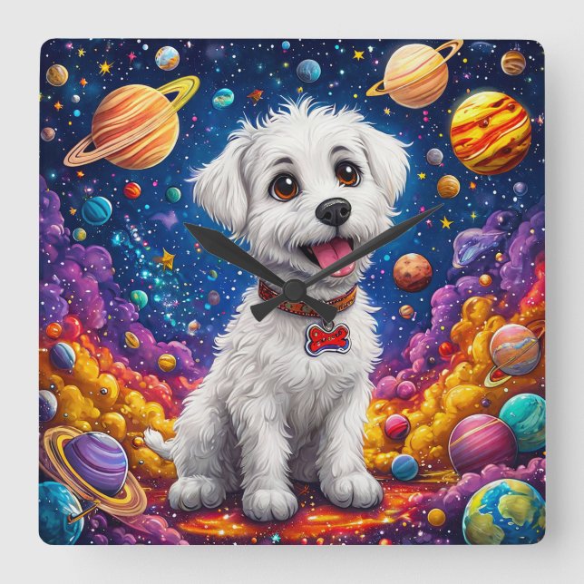 Reloj Cuadrado Perro de dibujos animados lindo en el espacio (Anverso)