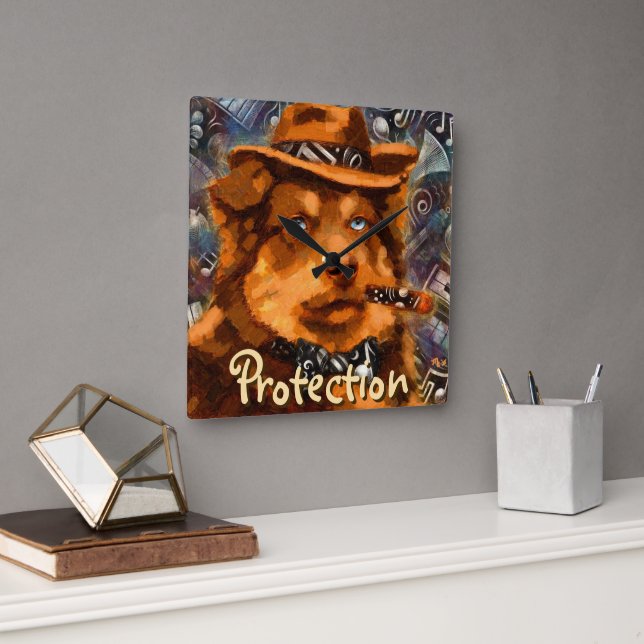 Reloj Cuadrado Perro de gangster guapo con ojos azules personaliz (Oficina)