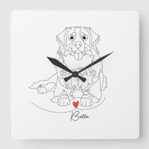 Reloj Cuadrado Perro de la Montaña de Berna con Arte de Línea del