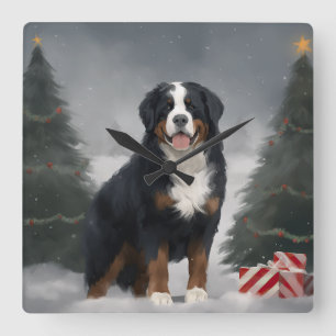Reloj Cuadrado Perro de montaña bernés en Navidad con nieve