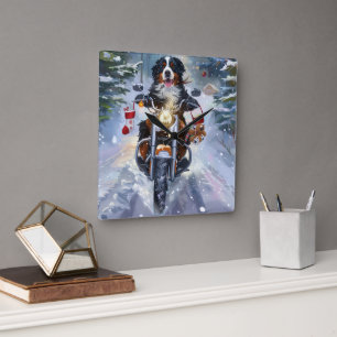 Reloj Cuadrado Perro de montaña bernés montando motocicleta Navid