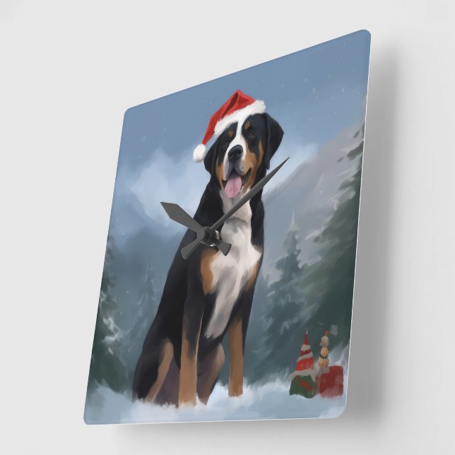 Reloj Cuadrado Perro de montaña suizo en Navidades de nieve (Ángulo)