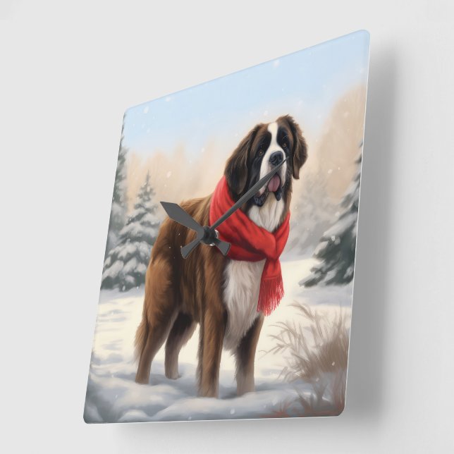 Reloj Cuadrado Perro de San Bernardo en Navidades de Nieve (Ángulo)