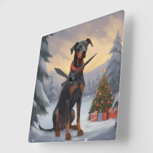 Reloj Cuadrado Perro Doberman en la nieve Navidad