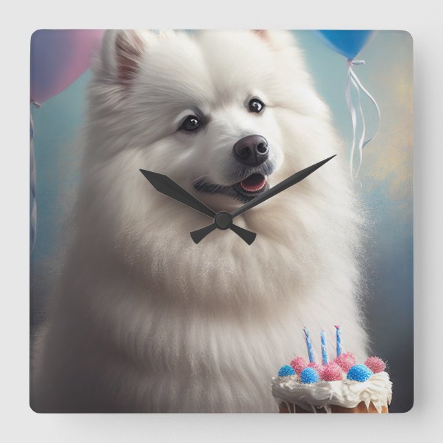Reloj Cuadrado Perro esquimal americano con cumpleaños de globos (Anverso)