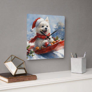 Reloj Cuadrado Perro Esquimal Americano en Trineo Deja que Nieve 