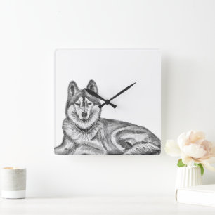 Reloj Cuadrado Perro Husky Siberiano con Tinta Negra y Blanca y A
