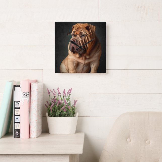Reloj Cuadrado Perro inteligente Shar Pei con diseño de libros (Sala de lectura)