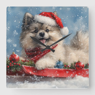 Reloj Cuadrado Perro Keeshond en Trineo Deja que Nieve Navidad