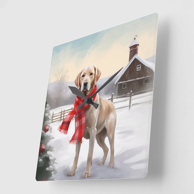 Reloj Cuadrado Perro Labrador en Navidad con Nieve (Ángulo)