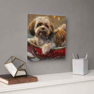 Reloj Cuadrado Perro Lhasa Apso Navidad Festiva