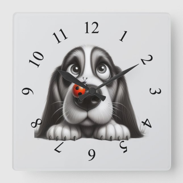 Reloj Cuadrado Perro lindo con mariquita (Anverso)
